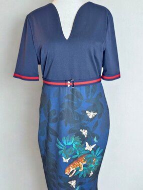 Ted Baker Houdiini Leopard Print Bodycon Dress Navy Size 5 Belted Midi